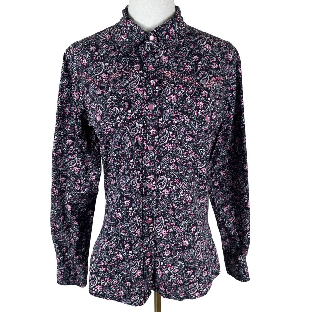 Cowgirl Hardware Western Shirt Women M Black Pink Paisley Pearl Snaps Rodeo Top